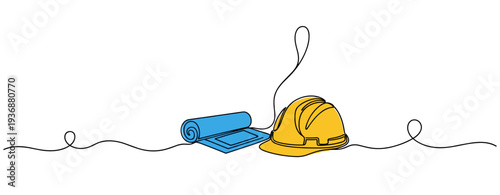 Construction helmet with rolled blueprint on plain white surface. no editable stroke