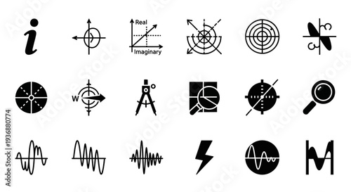 A collection of black icons representing various symbols and concepts on a plain background viewed from directly above