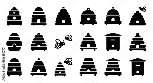 Collection of diverse beehive silhouettes with bees in various poses, illustrations showcasing different hive designs and structures