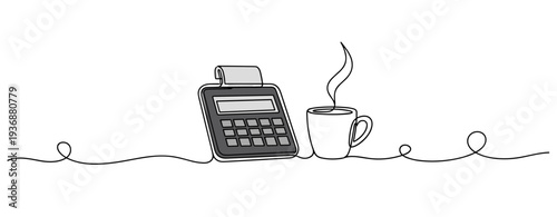 Calculator beside steaming coffee cup on continuous line background. no editable stroke