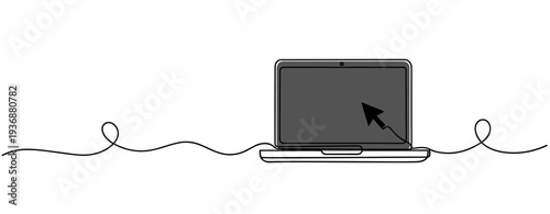 Laptop displaying cursor on screen in minimalist workspace. no editable stroke