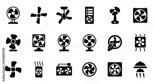 Collection of black icons depicting various fans and cooling devices on a white background
