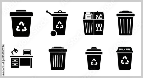 Collection of recycling and waste management icons featuring various trash cans and disposal methods depicted in a simple black and white style