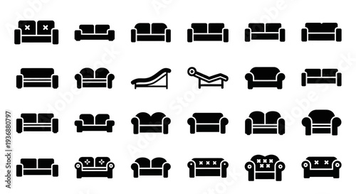 Collection of various sofa designs illustrated from different viewpoints in a minimalist style