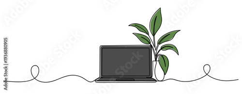 Laptop open beside potted plant on minimal workspace surface. no editable stroke