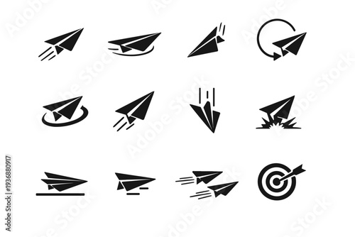 Paper Plane Actions. Solid icon set of Paper Plane Actions: paper plane launch, paper plane glide, paper plane dive, paper plane loop, paper plane turn, paper