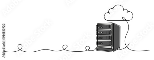 Server rack connected to cloud network via cable line illustration. no editable stroke