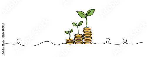 Stacked coins sprouting into plants on continuous line background. no editable stroke