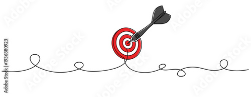 Dart hitting bullseye target indicating aim on plain background. no editable stroke