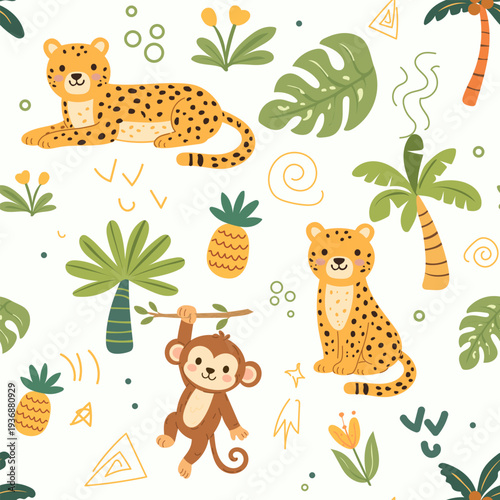 Seamless jungle pattern with cute hand drawn animals and tropical elements. Creative kids design for fabric, wrapping, textile, wallpaper, apparel. Vector illustration