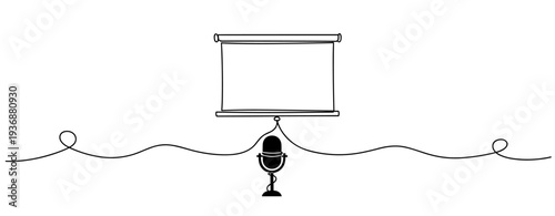 Projection screen and microphone linked by continuous line in minimal setting. no editable stroke