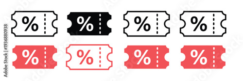 Coupon Icon Set, Discount Symbol, vector illustration featuring ticket sale and free concept icons, flat design graphics isolated on white background for promotions, marketing, e-commerce