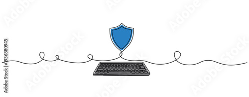 Shield protecting keyboard representing cybersecurity on white background. no editable stroke