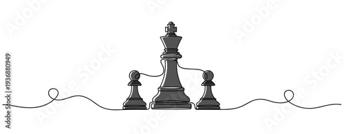 Chess king with two pawns positioned on continuous line background. no editable stroke