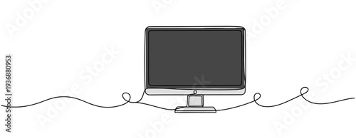 Desktop monitor displayed on white background with continuous line. no editable stroke