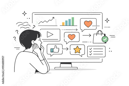 Algorithm anxiety. A person staring at a screen filled with abstract charts and recommendation icons, hands paused in uncertainty. Quiet tension and