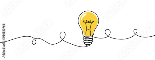 Light bulb glowing on continuous line minimal background. no editable stroke