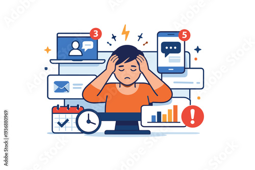 Remote work fatigue illustrated by a person surrounded by overlapping screens and notification icons, communicating cognitive overload and constant online