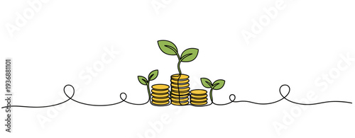 Coin stacks sprouting seedlings on white background. no editable stroke