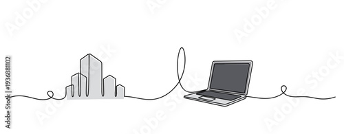 City skyline connected to laptop via continuous line on white. no editable stroke