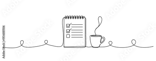 Notepad with checked list beside steaming cup on line desk. no editable stroke