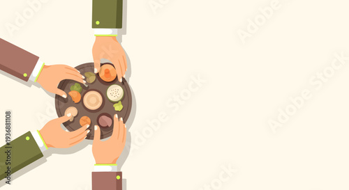 Top view illustration of people sharing a traditional meal together on a round platter, Ramadan Iftar concept of togetherness and community dining.