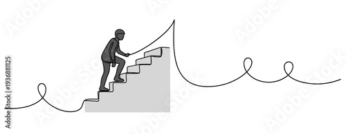 Business person climbing stairs toward upward goal in abstract setting. no editable stroke