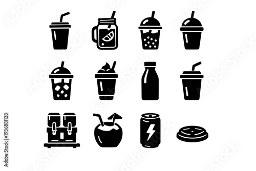 Street Food Drinks. Solid icon set of Street Food Drinks: soda cup, lemonade jar, bubble tea, smoothie cup, iced coffee, milkshake, juice bottle, straw cup,