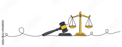 Gavel and scales resting on continuous line courtroom illustration. no editable stroke