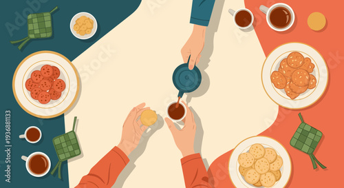 Top view illustration of hands pouring tea with cookies and ketupat for Eid Mubarak celebration or Ramadan gathering