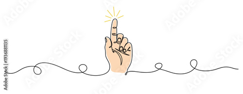 Hand pointing upward with spark on continuous line backdrop. no editable stroke