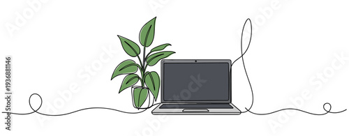 Laptop beside potted plant on clean continuous line workspace. no editable stroke