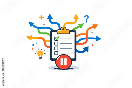 Overchoice effect productivity challenge expressing stalled action, shown through a to do list branching into too many paths while progress remains paused.