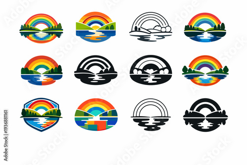 A vibrant rainbow arching over a peaceful countryside after a rainstorm. Icon set. Set Logo of vibrant rainbow countryside: calm river reflection. harmonious