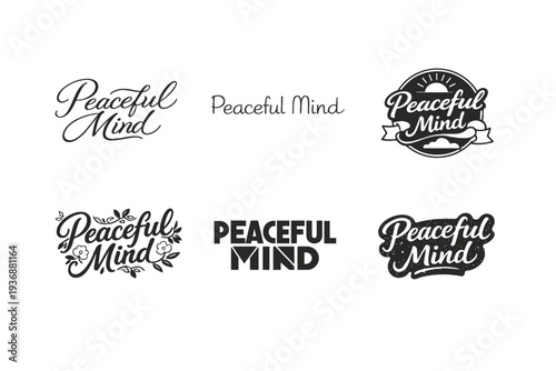 Peaceful Mind. Set lettering. harmonious lettering variations of the same emblematic concept, each with different artistic interpretation (Elegant script with