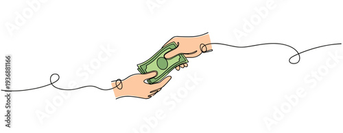 Hands exchanging cash bills in minimal white background. no editable stroke
