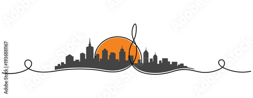 City skyline silhouette with sun rising over horizon line. no editable stroke