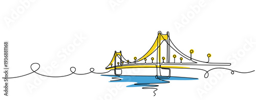 Suspension bridge spanning river reflected on white background. no editable stroke