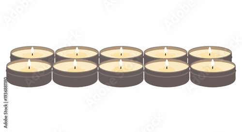 Eight lit tea candles in dark brown metal holders arranged in a row on a white background with warm, soft lighting.