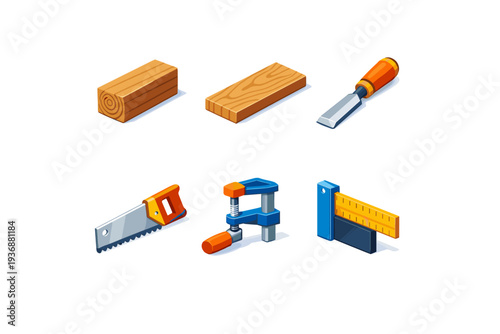 Woodworking. Isometric flat vector icons set of Woodworking: wooden beam segment, wood grain plank, chisel tool, hand saw, wood clamp, measuring square.