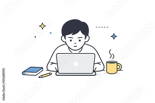 Single-task focus. A character working on one simple task on a laptop, surrounded by empty space and minimal tools. Deep concentration and reduced distraction