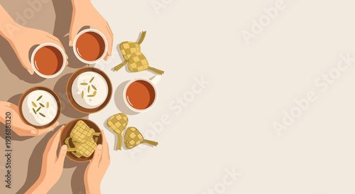 Top view of hands sharing Ramadan food with Ketupat, porridge, and tea on beige background with copy space