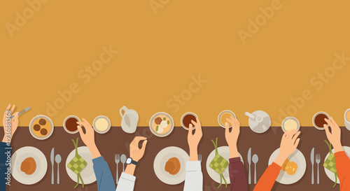 Top View Illustration of People Gathering for Iftar or Eid Mubarak Dinner with Traditional Indonesian Food Ketupat and Meatballs