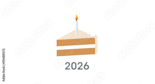 Simple illustration of a birthday cake with a candle and the year 2026.