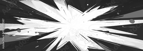 Comic Explosion Effect with Abstract Manga and Cartoon Halftone Bg for Anime in Black and White with Impact. Smoke and Vector Explosive Elements with Flame and Bang for A Vibrant Background of Energy 