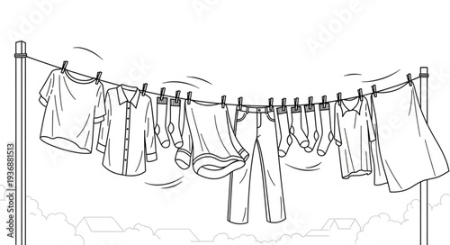 Clothesline full of various garments hanging outdoors to dry in the sunlight.