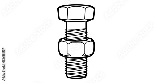 Detailed illustration of a bolt and nut assembly, showing threads and hexagonal shapes.