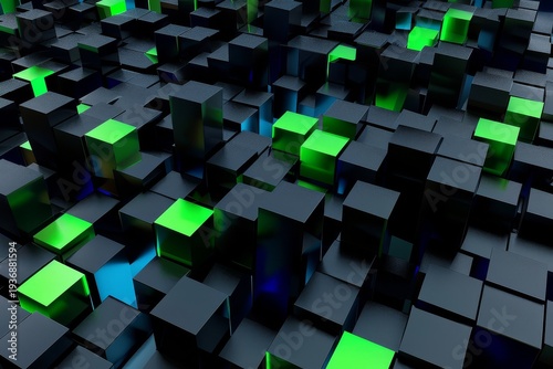 Abstract glowing cubes technology background blue green digital blocks on dark futuristic business concept