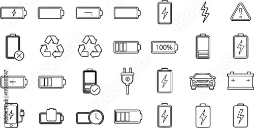 Battery Charge Level and Power Energy Line Icons Set with Electric Car Charger Recycling Symbol and Mobile Battery Indicators Vector