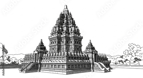 Intricate architectural illustration of the Prambanan Temple complex, a historical landmark.